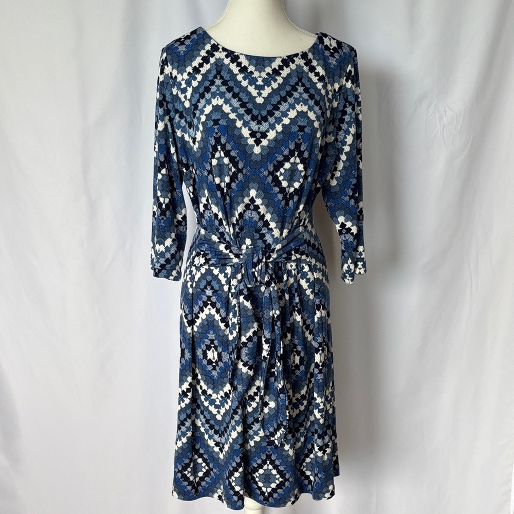 Sandra Darren Blue Print 3/4 Sleeve Jersey Tie Waist Dress Size 14 EUC